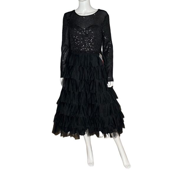 Ieena for Mac Duggal Black Long Sleeve Ruffle Tiered Midi Dress Women’s Sz 8 - Picture 2 of 9